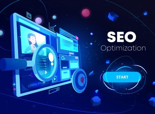 Seo optimization banner, marketing business technology, monitor with data analysis platform on screen, website research, neon glowing futuristic background. Cartoon vector illustration, landing page