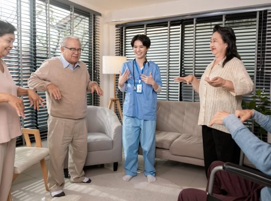 Group of Asian senior people are given advice by psychologist